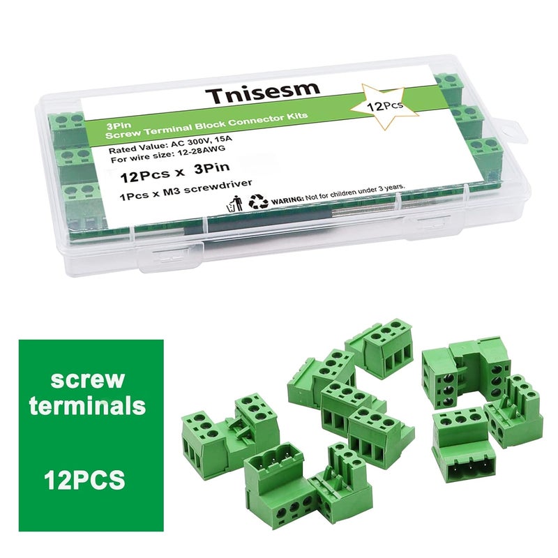 Tnisesm 12Pcs 3 Pin Screw Terminal Block Connector 5.08mm Pitch Pluggable with 3 Pin Phoenix Plug 300V 15A for 28-12AWG Cable - Image 5
